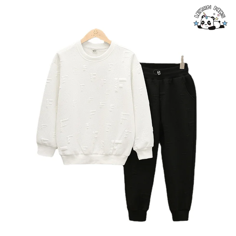 LEZONKIDS - Customizable Trendy Jacquard Letter Pullover Top Elastic Waistband Trousers Two-piece Set Boys Sweatsuit